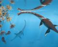 Bild: Peter Nickolaus/dpa
Die Illustration zeigt das Reptil Plesionectes longicollum, das zur Zeit der Dinosaurier durchs Meer schwamm.