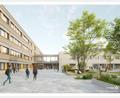 Grafik: Vinci Facilities Solutions GmbH
Die Sophie-Scholl-Realschule (links) ist vierstöckig und über einen Glastrakt mit dem Hauptgebäude samt Aula und Mensa verbunden. So präsentiert der Planer den Neubau.