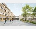 Grafik: Vinci Facilities Solutions GmbH
Die Sophie-Scholl-Realschule (links) ist vierstöckig und über einen Glastrakt mit dem Hauptgebäude samt Aula und Mensa verbunden. So präsentiert der Planer den Neubau.