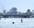 Bild: Elisa Schu/dpa
Ein Mann steht am Treptower Park in Berlin auf der zugefrorenen Spree.