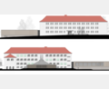 Grafik: Stadt Waldsassen/Diezinger-Architekten
Die Ansichten der Markgraf-Diepold-Grundschule von der Schulstraße aus (oben) und die Rückseite des Schulgebäudes (unten). An der Fassade in leichtem Grünton erkennbar die Klappläden für den Sonnenschutz, die bei Bedarf vor die Fenster geschoben werden können.