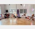 Bild: Gabi Schönberger
Fest im Griff: Die vier Männer wagen sich mit ihrer Trainerin Isabella Lange an die Poledance-Stange – und haben sichtlich Spaß dabei.