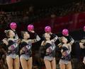 Bild: Marijan Murat/dpa
Das Team aus Deutschland tritt bei der Weltmeisterschaft der Rhythmischen Sportgymnastik mit ihrer Kür auf.