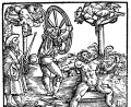 Bild: Wolfgang Schild/https://commons.wikimedia.org/wiki/File:Klassisches_Radern.png
Dieser Holzschnitt aus dem Jahr 1586 zeigt die grausame Folter mittels Rädern. Auch der legendäre Serienmörder Peter Nirsch soll bei seiner Hinrichtung 1581 mit dem Rad 42 Stöße erhalten haben.