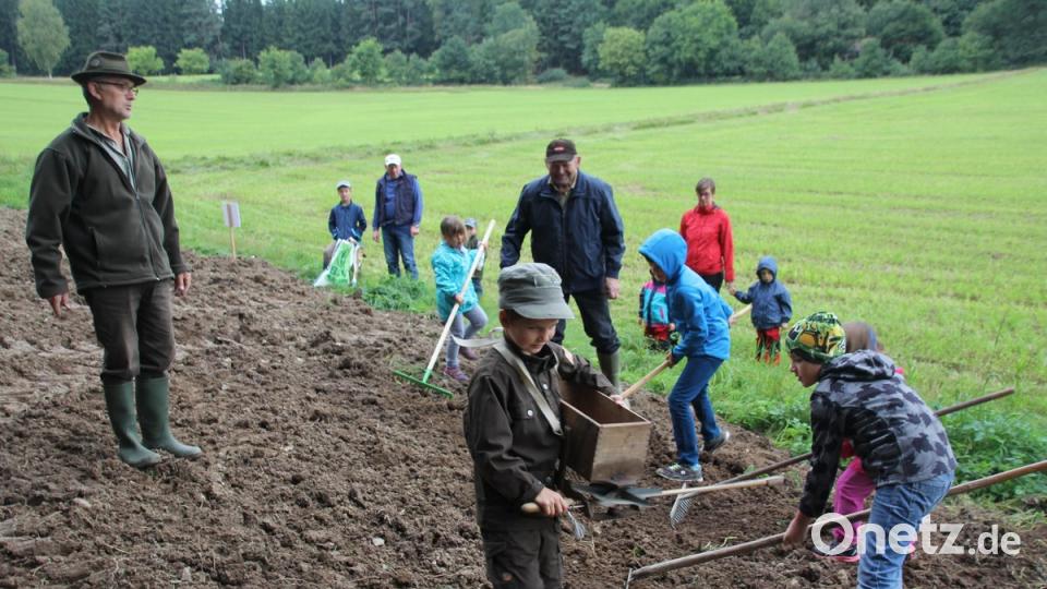 Mit einer &quot;Kleegeige&quot; oder per Hand durften die Kinder die Saat unter die Erde bringen. Dabei wurde ihnen auch die Bedeutung des Wildackers erläutert. Insgesamt absolvierten die Teilnehmer sechs Stationen.