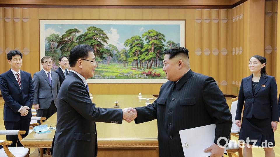 Historischer Handschlag: Der nordkoreanische Machthaber Kim Jong Un (rechts) begrüßt Chung Eui Yong, Leiter der südkoreanischen Delegation, die in das kommunistische Land geschickt wurde. 	Bild: AFP/The Blue House