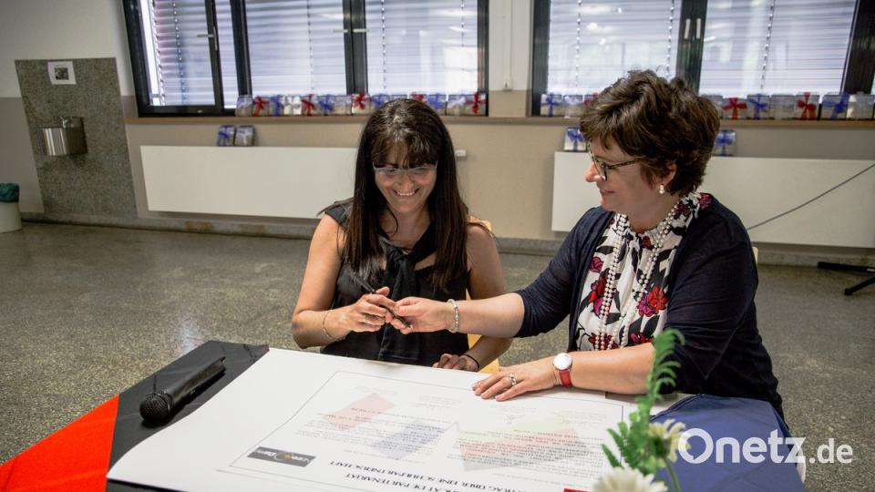 Freundschaft funktioniert auch eine Nummer kleiner als der Elysée-Vertrag. Irene Sebald (rechts) und ihre französische Kollegin Hélène Coerduroy unterzeichnen eine neue Schulpartnerschaft.
