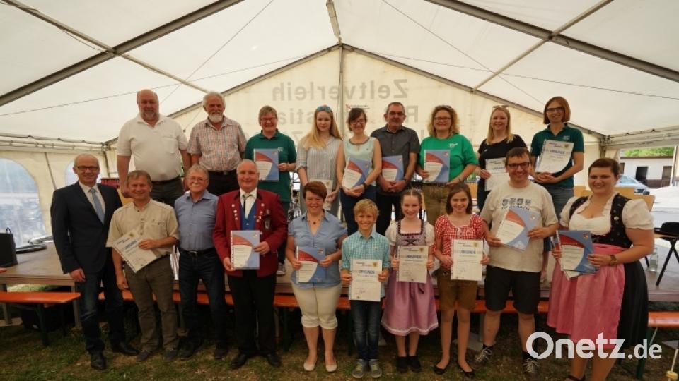 Den langjährigen Musikern gratulierten Bürgermeister Bernhard Lindner, Dirigent Benno Englhart, Gründungsinitiator Andreas Hubmann, Vorsitzender Matthias Fenk (vorne von links) sowie Nordbayerischer Musikbund-Kreisvorsitzender Werner Stein und Gründungsvorsitzender Josef Weiß (hinten von links).