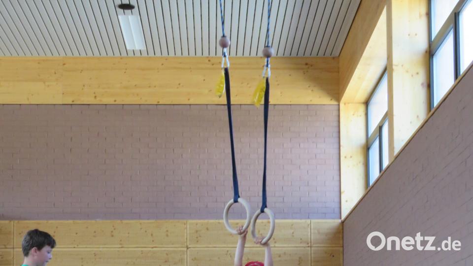 Welch ein Spaß: Zum Sportparcours gehörte es auch, an den Ringen zu schwingen. ubb