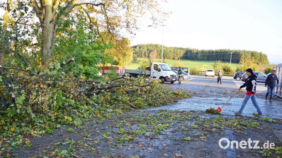 Mit Schneeschaufeln wird der Netto-Parkplatz von Ästen und Laub befreit. Bild: ü