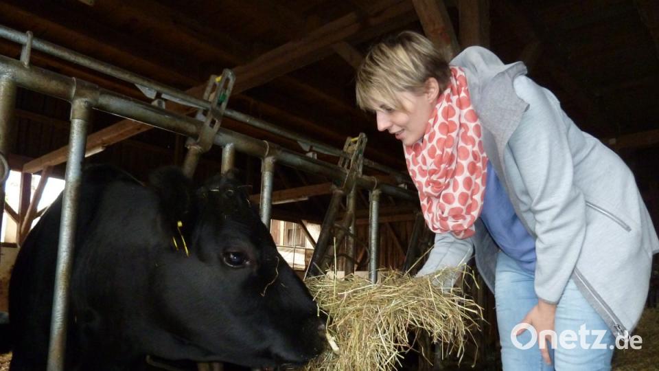 "Ohne Viecher kann ich nicht sein", sagt Barbara Weiherer und streichelt die Angus-Rinder. Der Abschied von den Milchkühen fiel ihr schon schwer. Bild: Portner