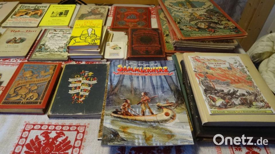 Comics, alte Schulbücher, schmale Heftchen und dicke Wälzer, all das stapelt sich auf dem Tisch in Eckes Wohnzimmer. Bild: hka
