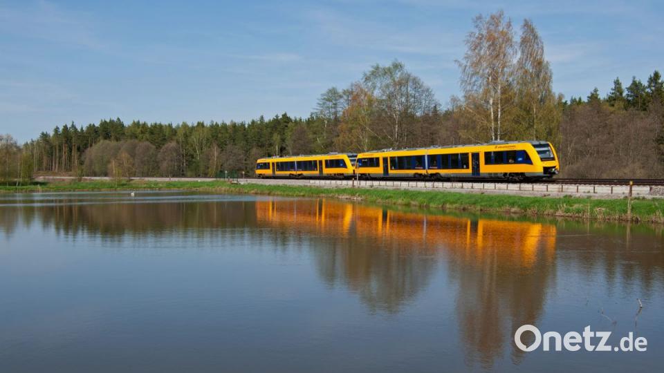 Zwei Triebwagen der Oberpfalzbahn fährt durch die Weiherlandschaft bei Gumpen. Bild: Korbinian Eckert