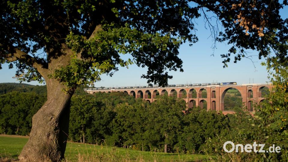 Mit einem Kesselzug ist die Voith Maxima 40CC bei der Göltzschtalbrücke Richtung Vohburg in Bayern unterwegs. Bild: Korbinian Eckert