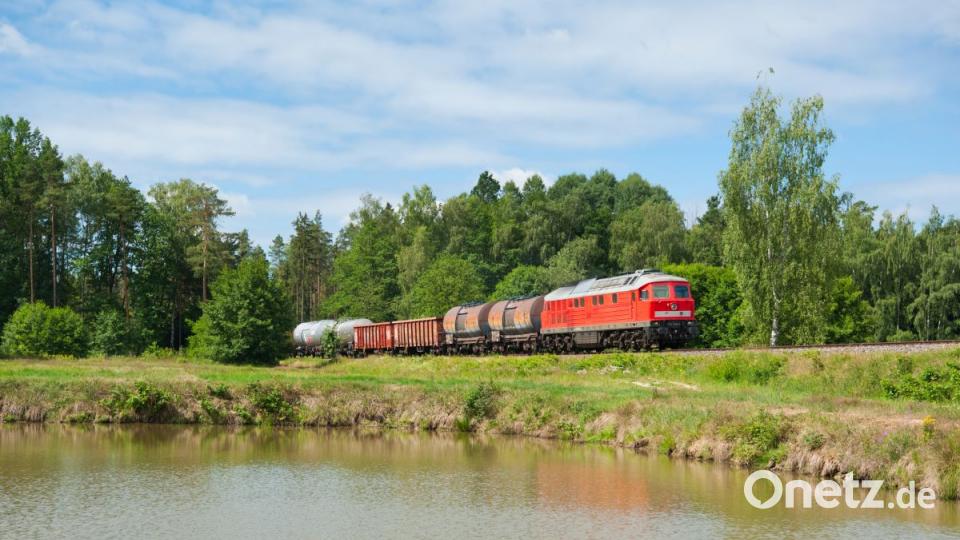 Die 232 569 mit einem gemischten Güterzug bei den Waldseen in Wiesau. Bild: Korbinian Eckert