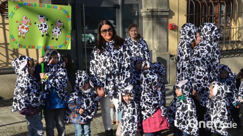 Als Kühe verkleidet und mit bimmelnden Glocken präsentierten sich heuer die Roggensteiner Kindergartenkinder und versprühten bayerisches Alm-Idyll. Bild: dob