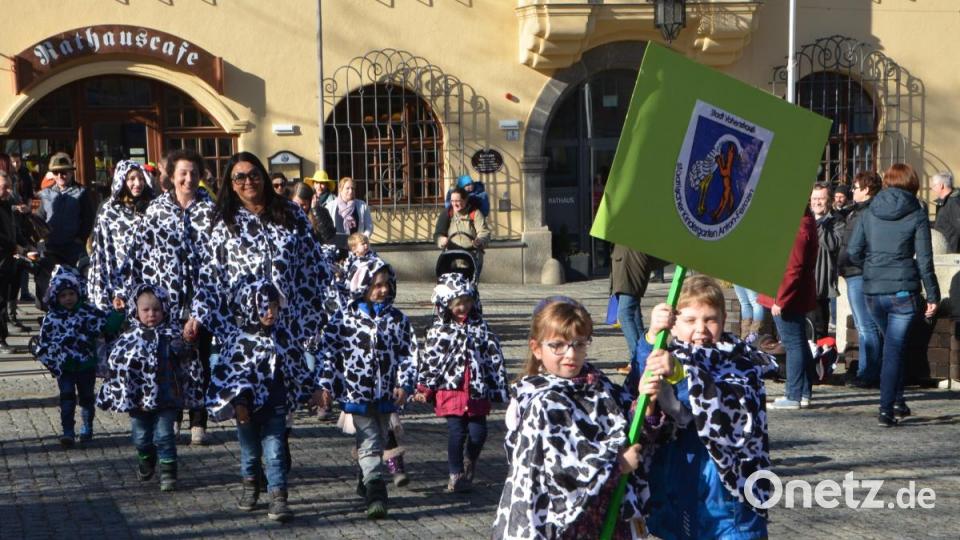 Als Kühe verkleidet und mit bimmelnden Glocken präsentierten sich heuer die Roggensteiner Kindergartenkinder und versprühten bayerisches Alm-Idyll. Bild: dob