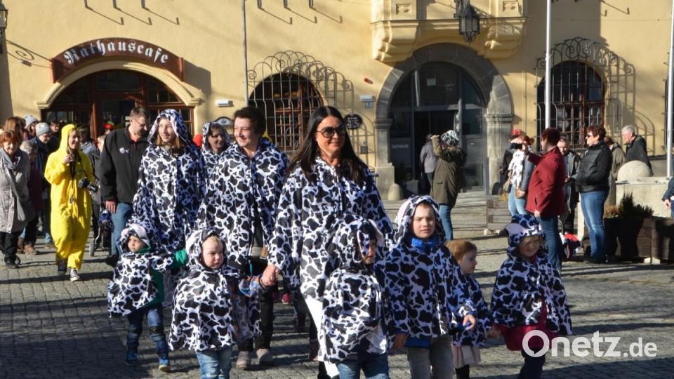 Als Kühe verkleidet und mit bimmelnden Glocken präsentierten sich heuer die Roggensteiner Kindergartenkinder und versprühten bayerisches Alm-Idyll. Bild: dob