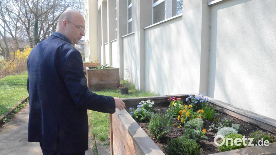 Schulleiter Ulrich Winter freut sich über die neuen Hochbeete. Bild: Kunz