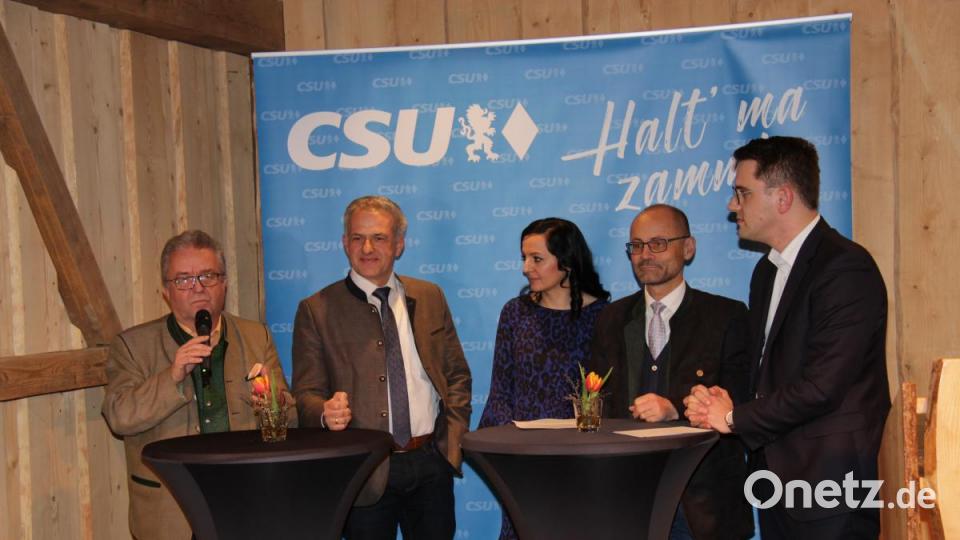 Bei einer "Diskussionsrunde" sprechen (von links) Toni Dutz, Roland Grillmeier, Waldershofs Bürgermeisterkandidatin Margit Bayer, Alfred Scheidler und Christian Doleschal. Bild: rti