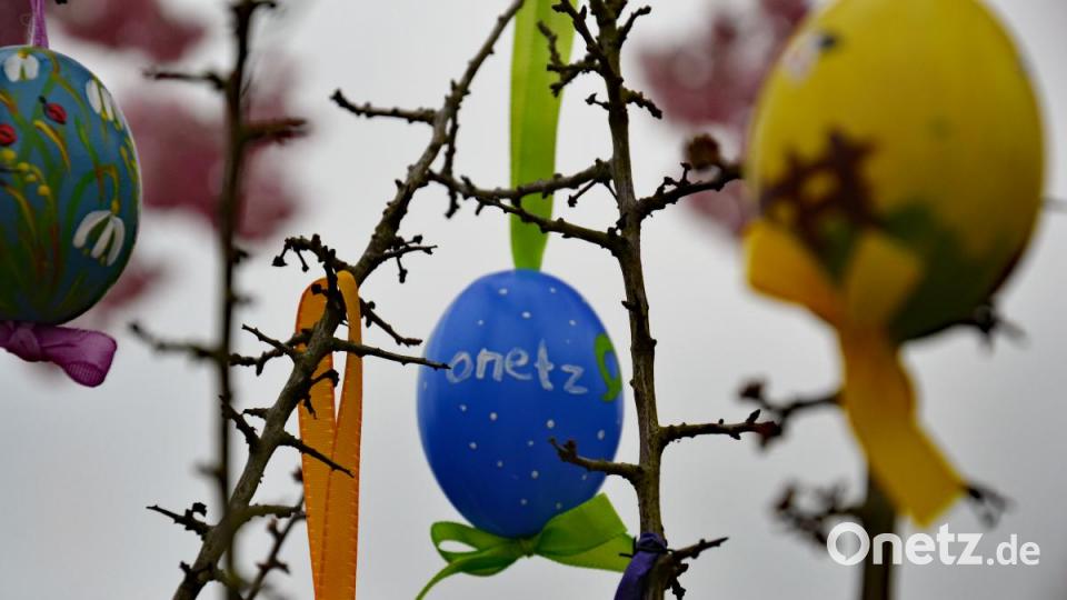 Das Onetz-Ei hängt inmitten der bunten Eier. Bild: Schmid