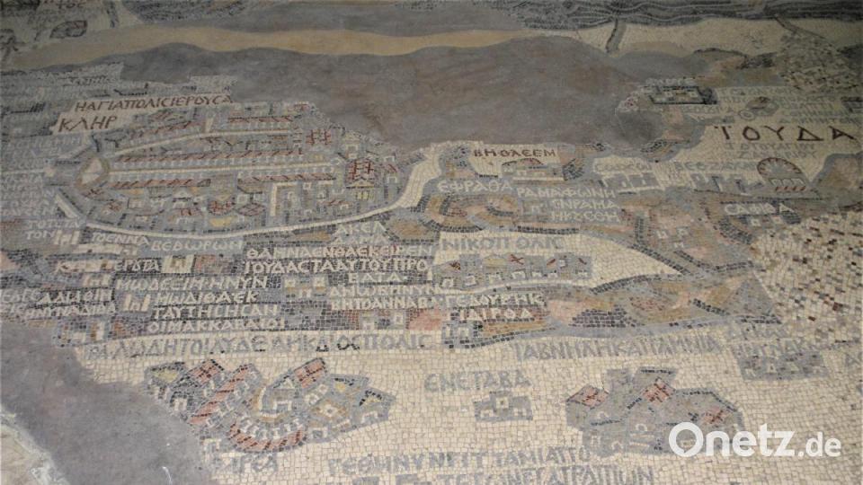 Landkarte von Jordanien als Mosaik in der St.Georgskirche in Madaba. Bild: rgr