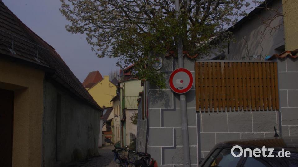 Einfahrt in die Batteriegasse: Hier steht das Schild 250, &quot;Gesperrt für alle Fahrzeuge&quot;. Ab hier muss der Radtourist schieben. Das Fünf-Flüsse-Radweg-Schild ist überwuchert. Bild: ADFC