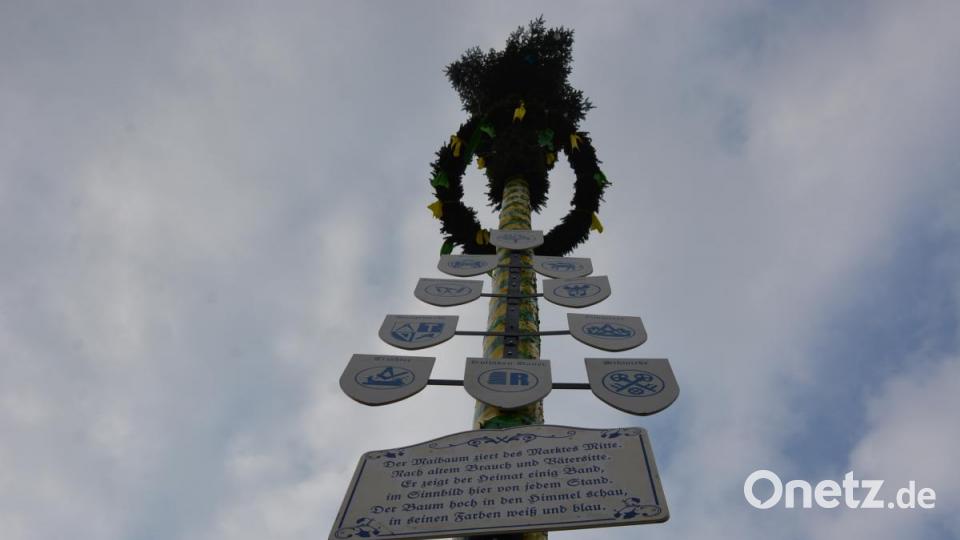 Stolz ragt der Maibaum in den Himmel. Die Zunftzeichen erinnern an das Konnersreuther Handwerk. Bild: jr