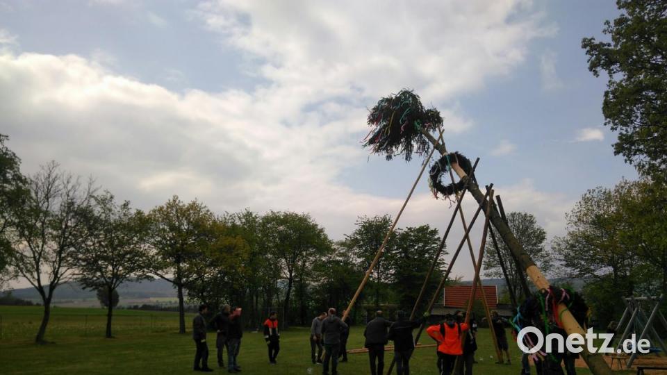 Zahlreiche Zuschauer begleiteten das Aufstellen des Maibaums auch in Gösselsdorf. Bild: exb