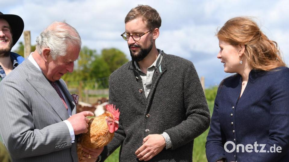 Prinz Charles (l) mit Hahn auf dem Bio-Bauernhof: Bild: Matthias Balk