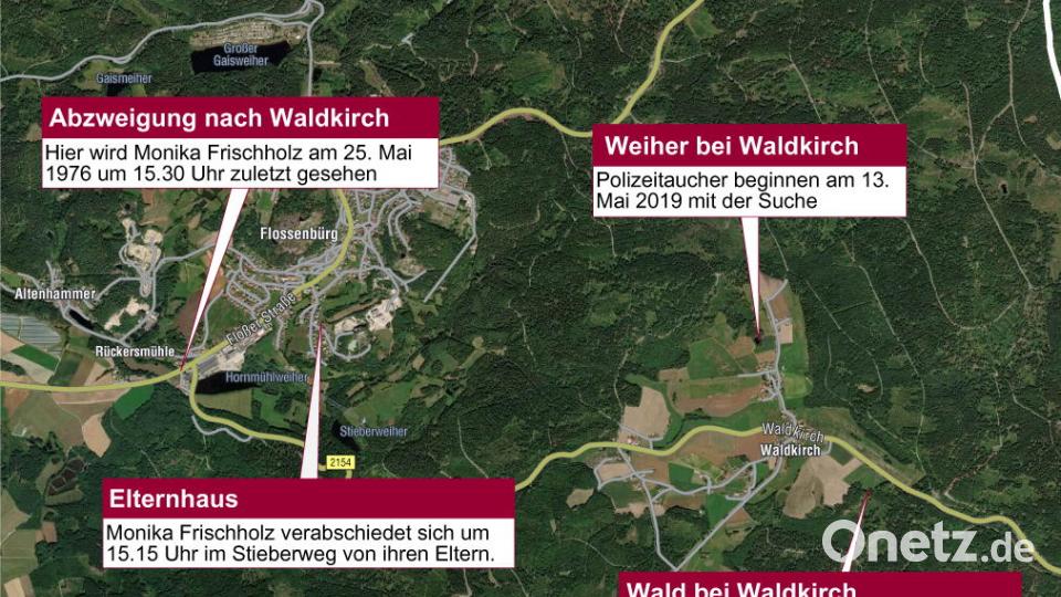 Monika Frischholz verschwand vor fast genau 43 Jahren am Ortsausgang Flossenbürg. Seit Montag, 13. Mai 2019, 9 Uhr, suchen Polizeitaucher einen Weiher bei Waldkirch ab. Grafik: Michael Ascherl [Michael Ascherl] (michael.ascherl@oberpfalzmedien.de, mascherl)