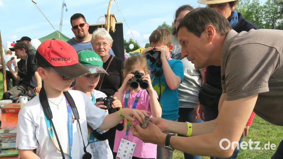 LBV-Vorsitzender Zeno Bäumler (rechts) zeigte den Kindern den seltenen Bruchwasserläufer, der am Seeufer verletzt geborgen wurde., Bild: Hirsch