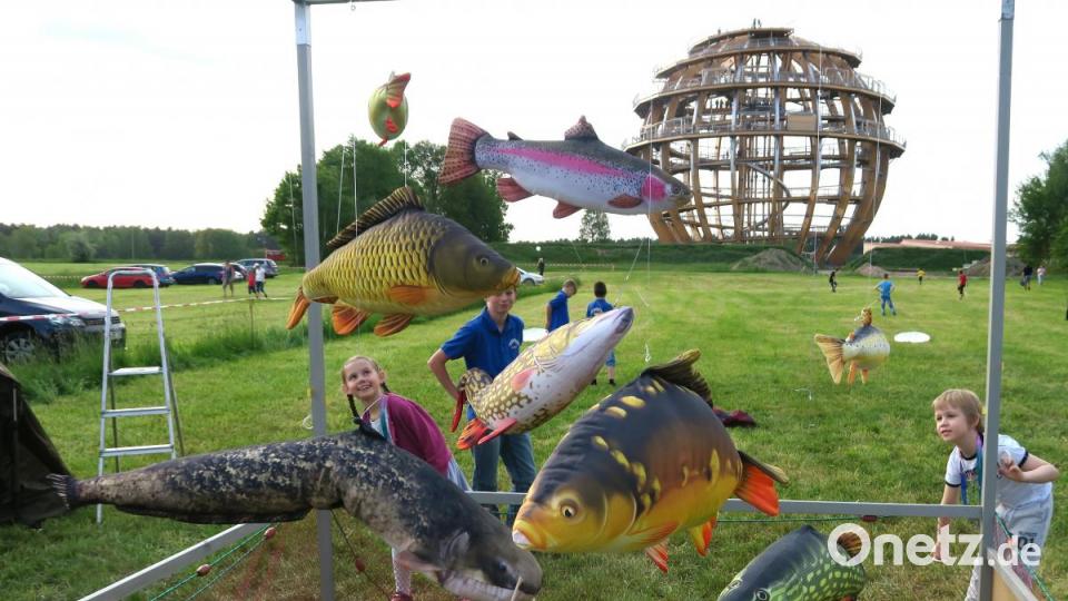 Schwebende Fische vor der Kulisse der Holzkugel. Die Kinder hatten ihren Spaß beim "Angeln". Bild: Hirsch