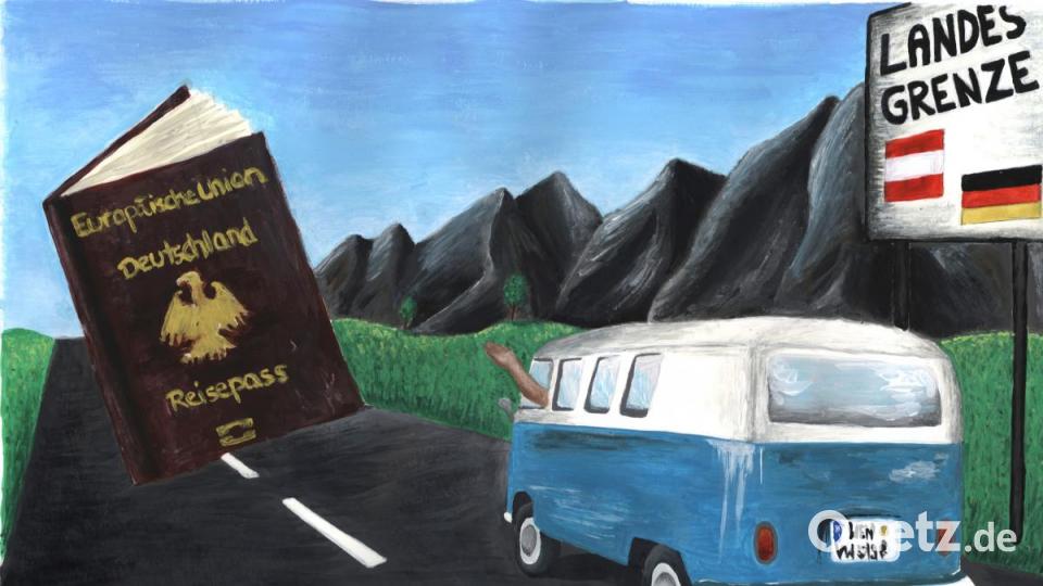 &quot;Freie Durchreise&quot;: Reisefreiheit ohne Kontrolle ist für uns zu einer viel zu wenig geschätzten Selbstverständlichkeit geworden. Bild: Acryl von Pia Wegmann (16), 11. Klasse