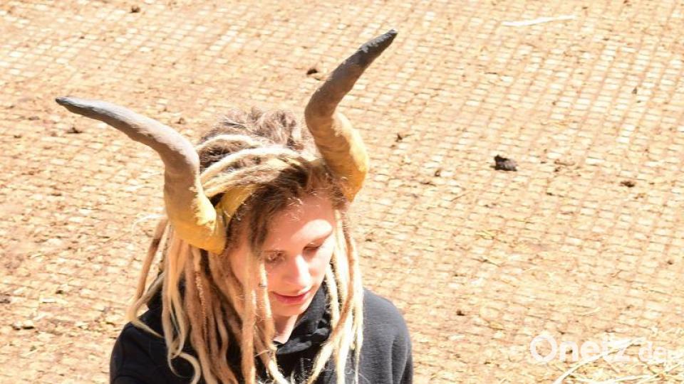 &quot;Europa kommuniziert mit dem Stier – Eine Begegnung auf Augenhöhe&quot;: Auch Tierschutz ist eine europäische Angelegenheit. Daher trägt unsere „Europa“ die Hörner des Stiers. Aus dem Stier wurde ein Jungbulle namens Otto, den „Europa“ mit einem Kranz überhöht. Bild: Gemeinschaftsarbeit der Klasse F11Gb2, Foto: Leon Henze (18), Fotomodell: Linda Prölß (18)