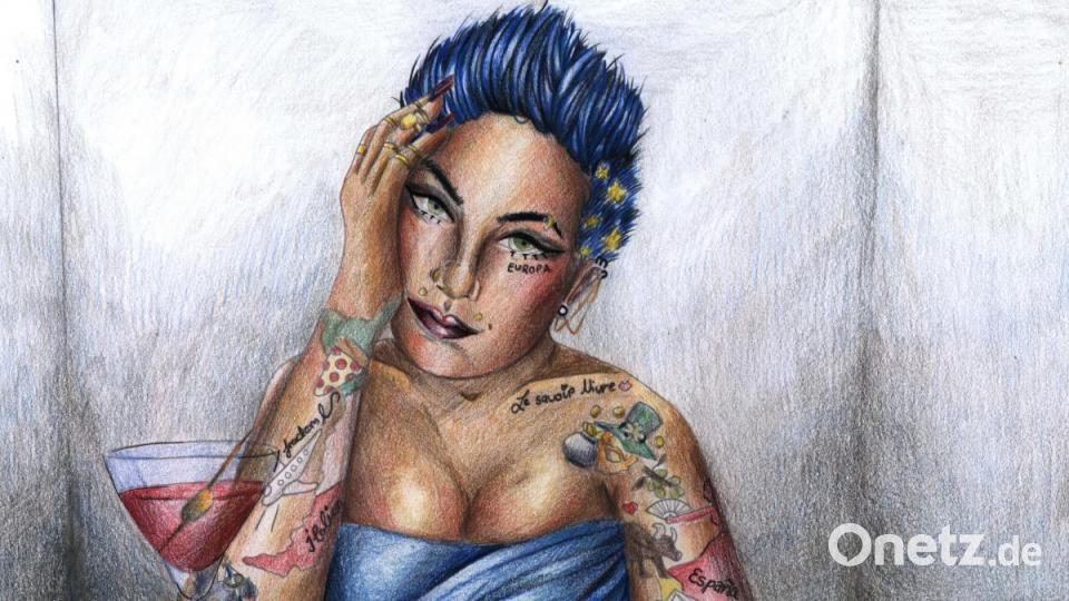 &quot;Europa im Jetzt und Hier&quot;: Statt Bürokratie ist Bürgernähe gefragt. Europa hat einen Punk in den Farben der Europaflagge und ist mit den Fahnen der europäischen Länder tätowiert. Bild:  Buntstiftzeichnung von Jessica Schmiegel (19), 11. Klasse