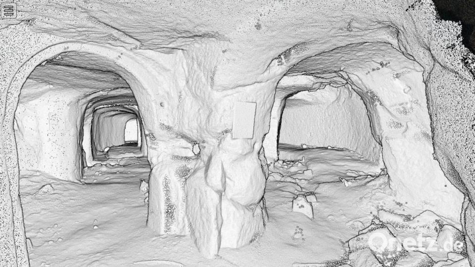 Enge Gänge werden in einem Felsenkeller sichtbar. In Grillmeiers Modell bewegt man sich durch eine Punktwolke, also eine Darstellung, die sich aus verschiedenen Bildpunkten des Lasers zusammensetzt. Über eine Anwendung der Universität Wien kann sich der Betrachter frei durch den virtuellen Keller bewegen und verschiedene Stockwerke erkunden. Bild: Johannes Grillmeier