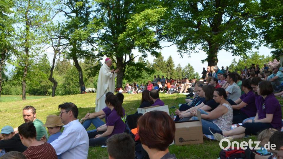 Diözesanbischof Dr. Rudolf Voderholzer marschierte zur Predigt über die Anhöhe hinauf zu den Gläubigen. Bild: dob