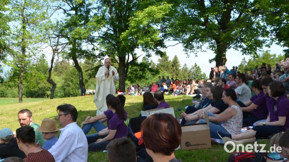 Diözesanbischof Dr. Rudolf Voderholzer marschierte zur Predigt über die Anhöhe hinauf zu den Gläubigen. Bild: dob