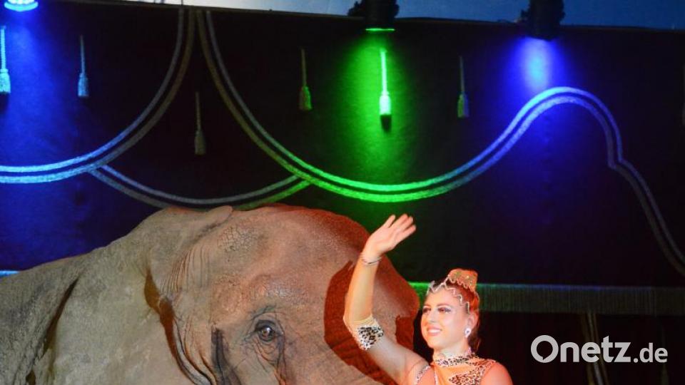 Die &quot;grauen Riesen&quot; sind die Stars der Show. Akrobatin Kimberly Weisheit lässt sich gleich zu Beginn der Show von einem Elefanten in die Manege tragen. Bild: Gabi Schönberger