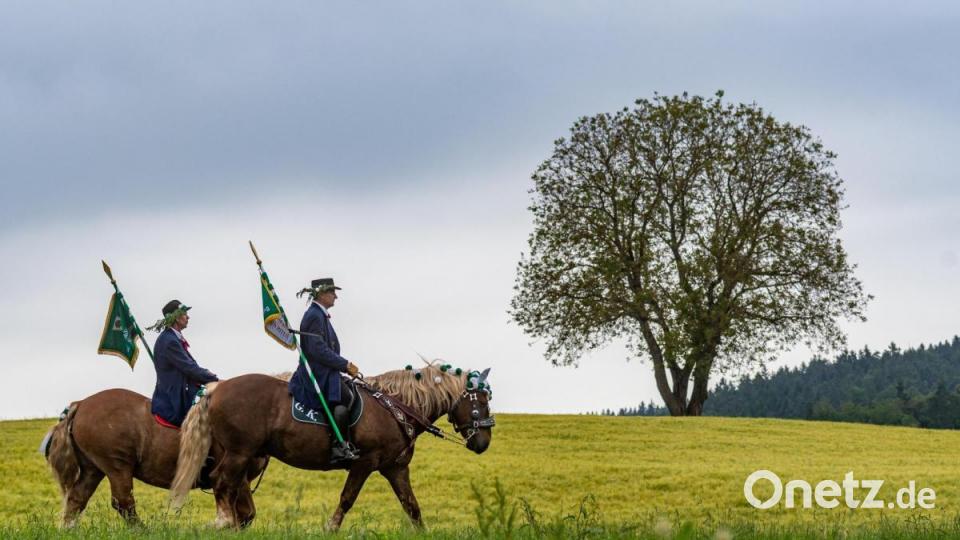 Teilnehmer des Kötztinger Pfingstritts reiten mit ihren Pferden durch die Landschaft. Bild: Armin Weigel