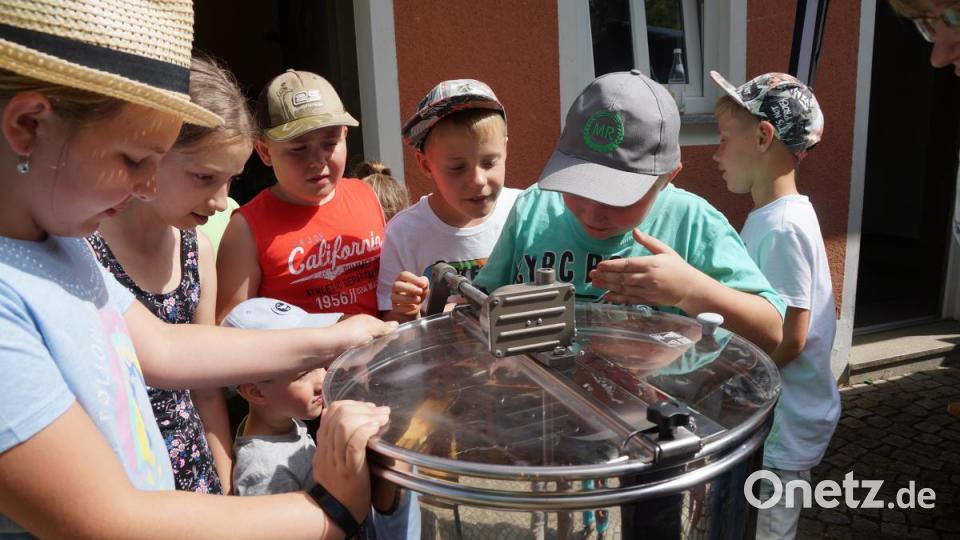 Das Honigschleudern war natürlich Aufgabe der kräftigen Buben. Bild: weu