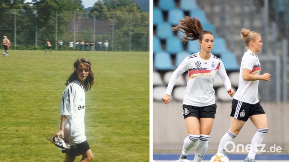 Früher und heute: Die 12-jährige Sara Däbritz nach einem Spiel der BFV-Auswahl im Jahr 2007 und die 24-jährige Sara Däbritz im Training der deutschen Nationalmannschaft während der WM 2019 in Frankreich. Bild: Familie Däbritz, dpa