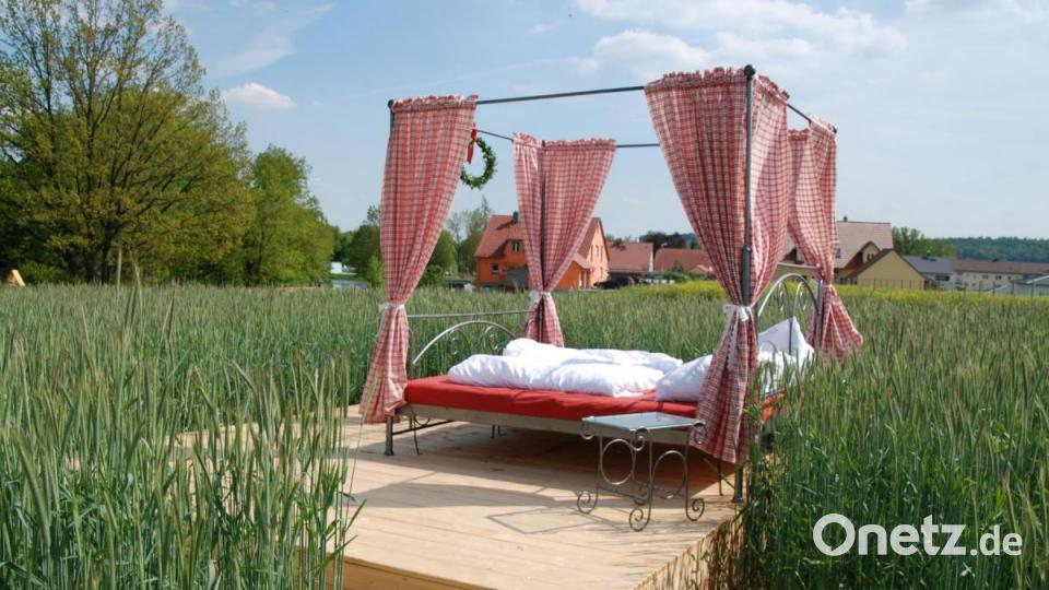 Das "Bett im Kornfeld" ist neben einer Strohhüpfburg die Attraktion beim Team "Ackerschätze" im Klingenweiherpark. Bild: Portner