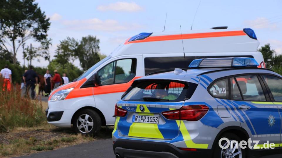 Ein ungewöhnliches Bild: Eine Sanitäterin des Bayrischen Roten Kreuzes mit einem Pony an der Leine, gefolgt von einer ausgewachsenen Stute und mehreren Einsatzfahrzeugen. Bild: rw