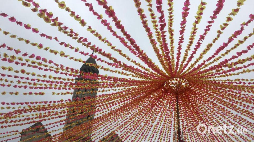 Rund 450 000 Blumen, die an Girlanden hingen, schmückten für die Félibrée Ambergs französische Partnerstadt, so auch den Place de la Clautre bei der Kathedrale St. Front. Bild: san