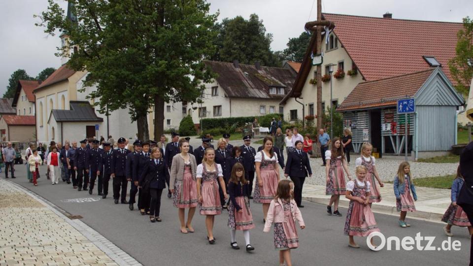 Die Dietersdorfer Feuerwehr mit ihren Festmädchen und -damen. Bild: mmj