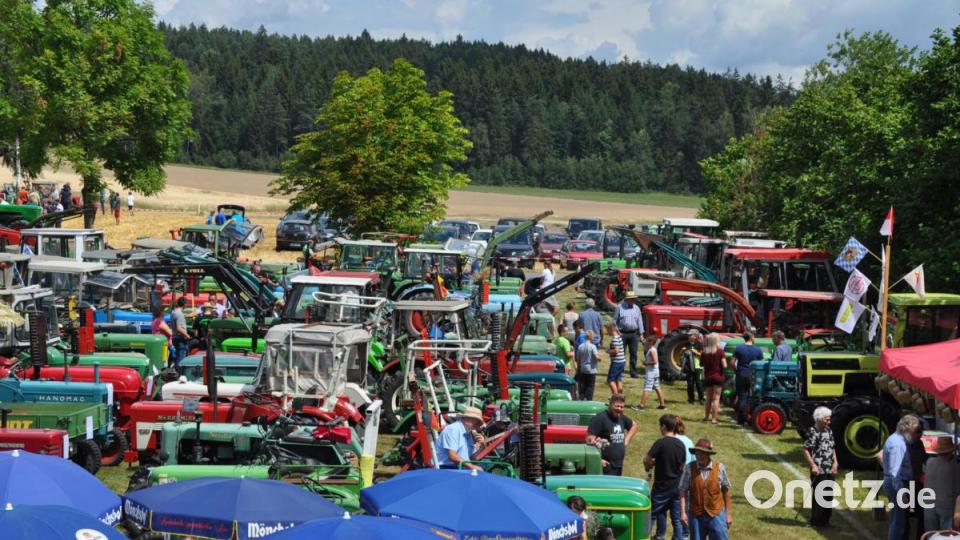 158 Oldtimer-Traktoren stehen aufgereiht auf der Wiese beim Feuerwehrgerätehaus. Gäste, die etwas suchen, finden in dem Pulk auch Reinhard Firls Lanz aus dem Jahr 1938. Bild: ak