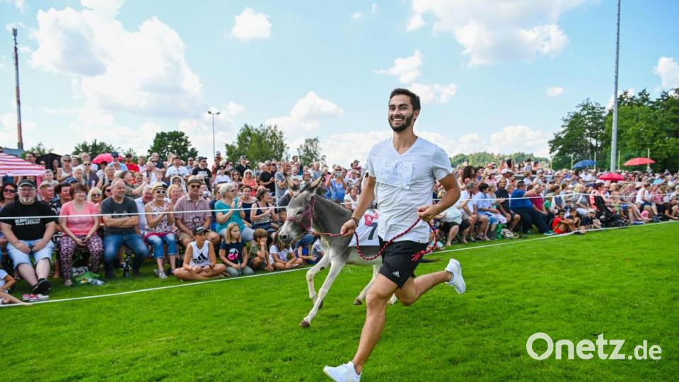 Rund 3000 Besucher haben sich bei strahlendem Sonnenschein das traditionelle Eselrennen beim diesjährigen Hersbrucker Altstadtfest angesehen. Bild: Nicolas Armer/dpa