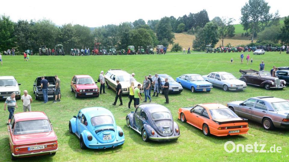 Sauber aufgereiht waren die Young- und Oldtimer (im Vordergrund) und die Bulldogs auf der gegenüberliegenden Seite des Sportplatzes. Bild: bey